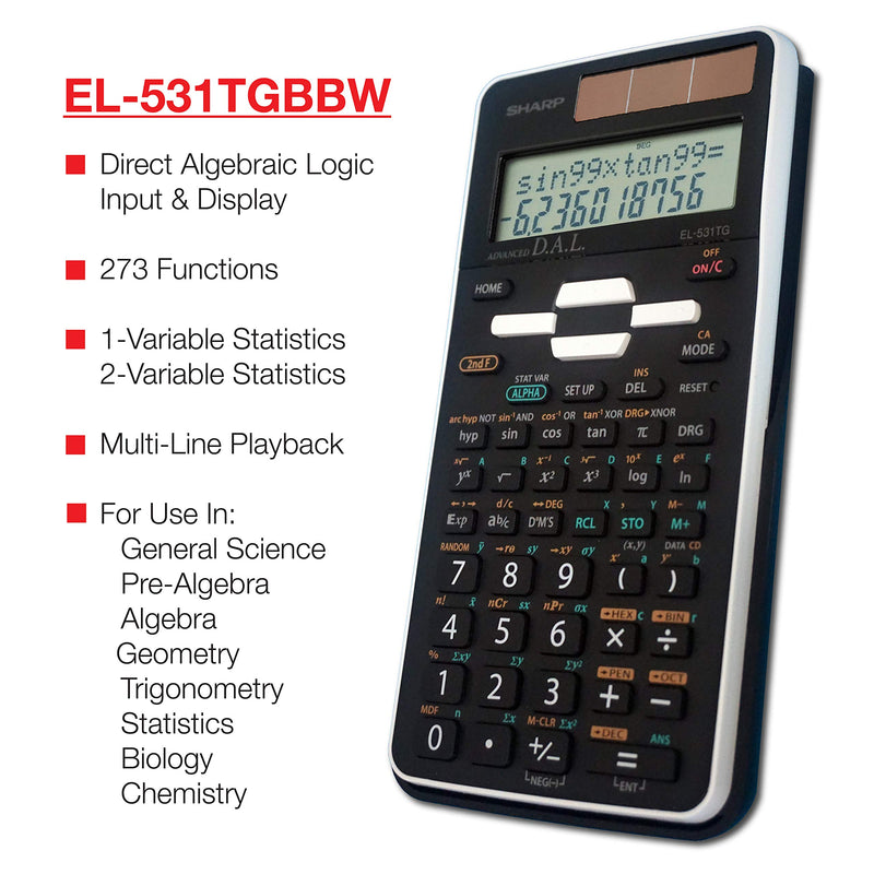 [Australia - AusPower] - Sharp EL-531TGBBW 12-Digit Scientific/Engineering Calculator with Protective Hard Cover, Battery and Solar Hybrid Powered LCD Display, Great for Students and Professionals, Black,Black and White Black and White 