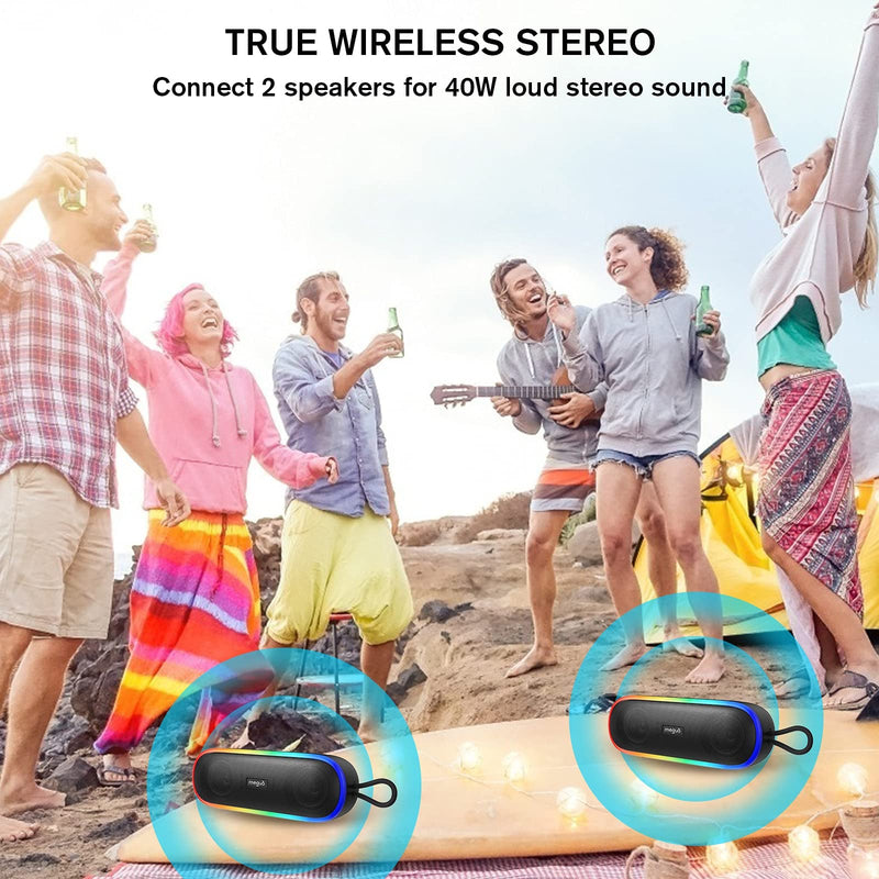 [Australia - AusPower] - Bluetooth Speaker,MEGUO Portable Wireless Speakers with 20W Loud Stereo Sound & Bass+,IPX7 Waterproof,LED Light,24H Playtime,TWS for Outdoor Travel,Home Party,Pool,Beach,Hiking, Camping H-A15PRO-light Black 