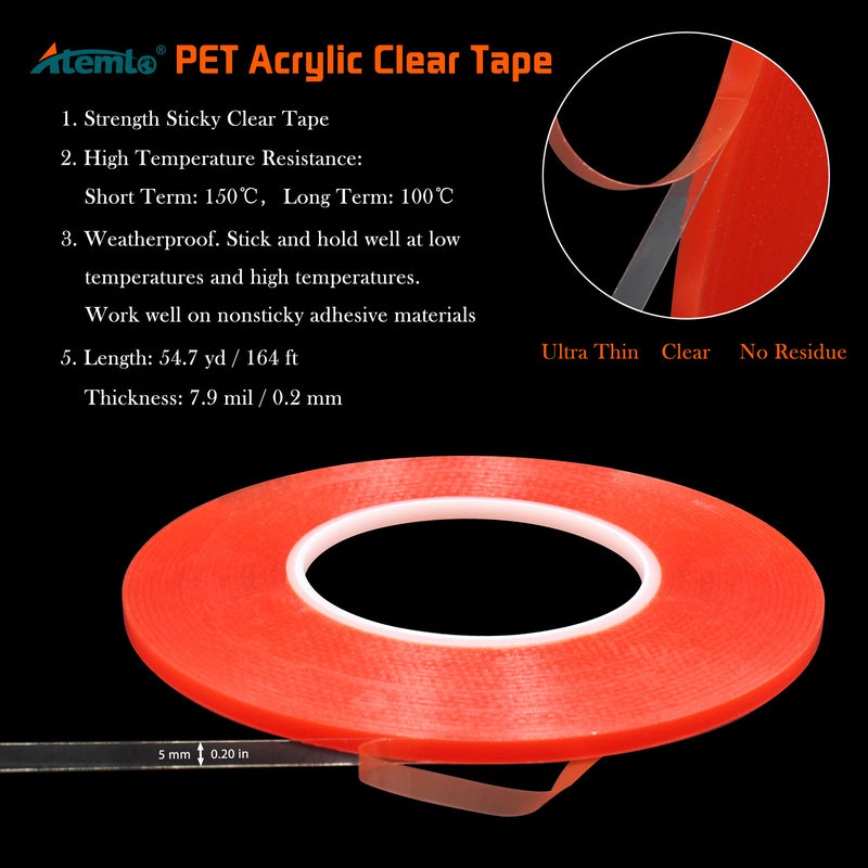 [Australia - AusPower] - PET Acrylic Double Sided Tape, Atemto Clear Two Sides Adhesive Sticker Tape 0.2 Inch x 55 Yards Weatherproof Heavy Duty Heat Resistance Thin Ultra Strength Industrial Outdoor Mounting Tape (5mm) 5mm 