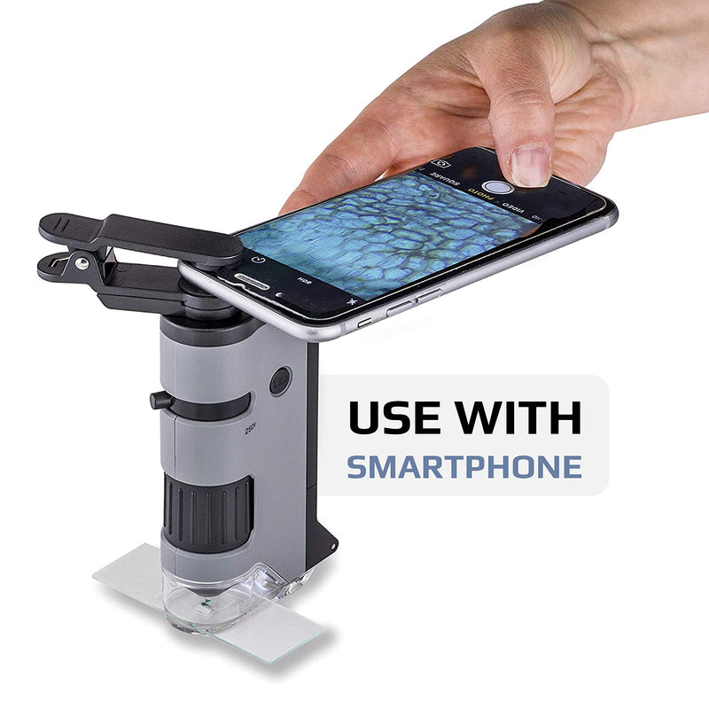 [Australia - AusPower] - Carson MicroFlip 100x-250x LED and UV Lighted Pocket Microscope with Flip Down Slide Base and Smartphone Digiscoping Clip (MP-250) Single Pack 