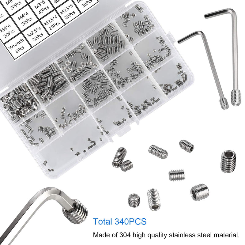 [Australia - AusPower] - HanTof 340Pcs M2.5, M3, M4, M5, M6, M8 Metric Hex Socket Head Cup Point Set Screws, Allen Head Grub Screw, Internal Hex Drive Headless Set Screw Assortment Kit with 6 Hex Wrenches, 304 Stainless Steel Silver-340pcs Metric M2.5-M8 Cup Point Set Screw 