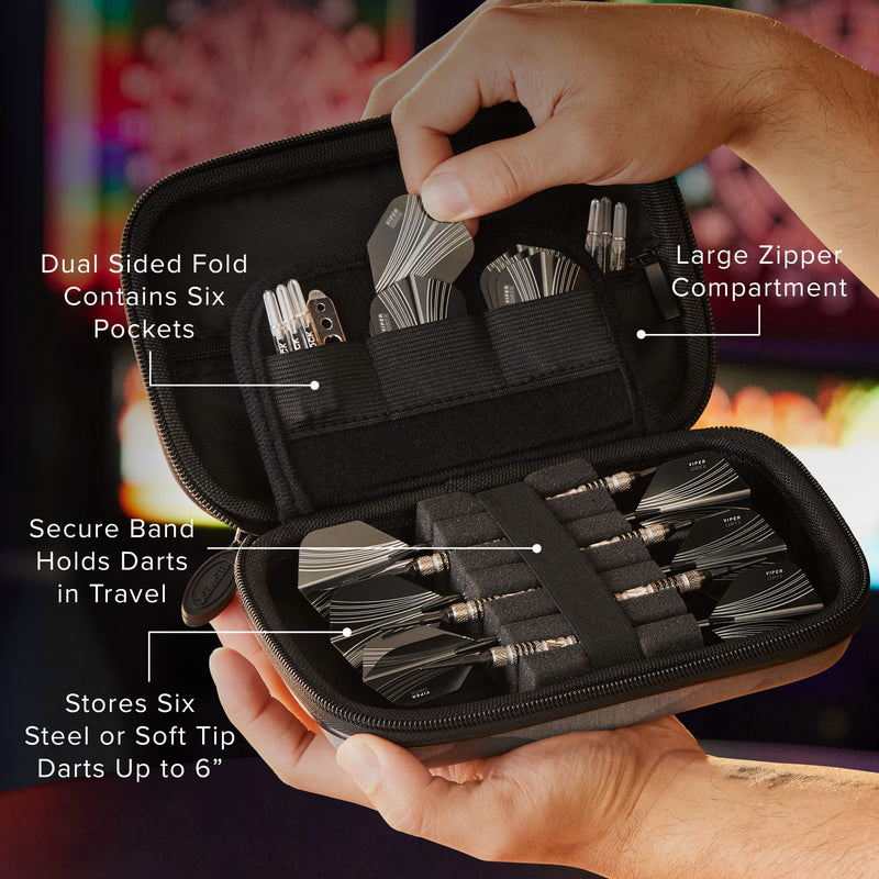 [Australia - AusPower] - Casemaster Sentinel 6 Dart Case, Holds Extra Accessories, Tips, Shafts and Flights, Compatible with Steel Tip and Soft Tip Darts, Impact & Water Resistant Tactech Shell, Black Camo 