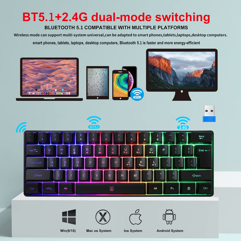 [Australia - AusPower] - Snpurdiri 60% Wireless Gaming Keyboard,2200mAh Mini 61 Keys Mechanical Feeling Keyboard with Bluetooth 5.1&2.4G Wireless Dual Modes,Support Charging,Suitable for PC/Tablet/Smartphone Gamer,Black Black 