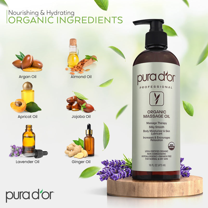 [Australia - AusPower] - PURA D'OR Organic Massage Therapy Oil (16oz) USDA Certified Almond, Apricot, Argan, Ginger, Jojoba, Lavender Oils for Silky & Softer Skin, Body Moisturizer & Skin Lubricant (Packaging May Vary) 