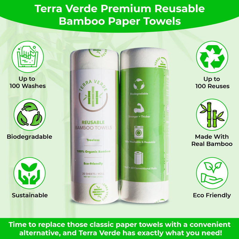 [Australia - AusPower] - Terra Verde Premium Reusable Bamboo Paper Towels – 1 Roll Eco-Friendly Paper Towels with 20 Sheets – Organic Biodegradable Cleaning Towels – Washable and Durable – Ideal for Kitchen, Travel, Car 