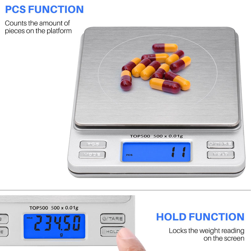 [Australia - AusPower] - Smart Weigh Digital Pro Pocket Scale 500g x 0.01 Grams ,Jewelry Scale, Coffee Scale, Food Scale with Tare, Hold and PCS Function, 2 Lids Included, Back-Lit LCD Display 