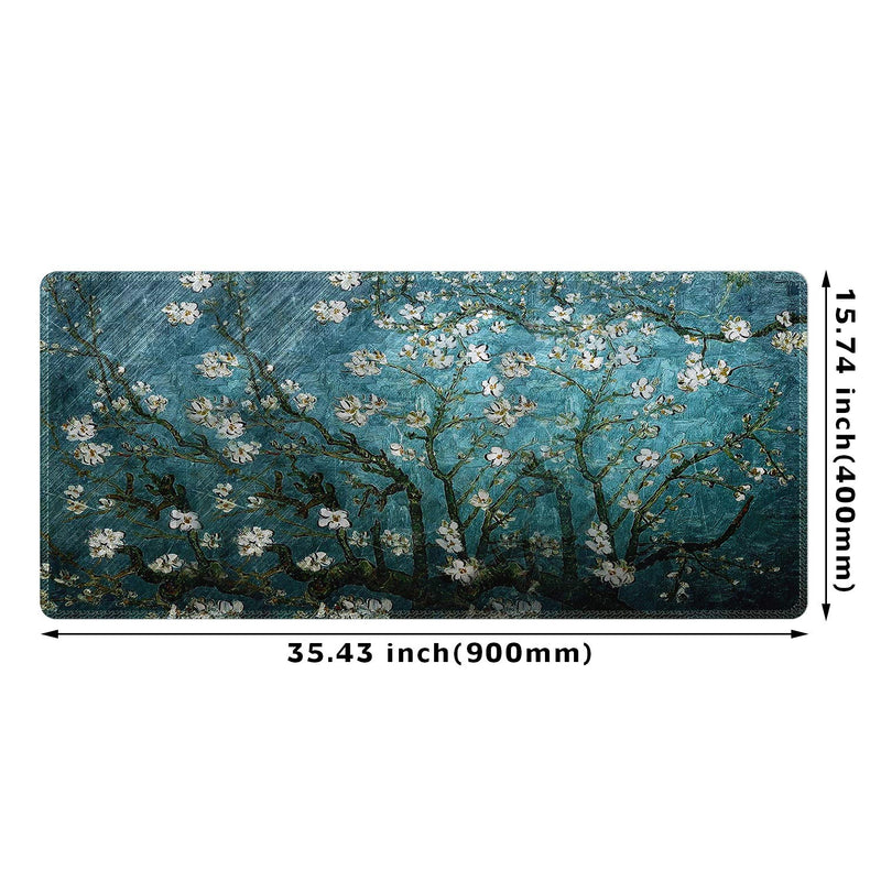 [Australia - AusPower] - Meffort Inc Extra Large Extended Gaming Desk Mat Non-Slip Rubber Pads Stitched Edges Mouse Pad 35.4 x 15.7 inch - Vincent Van Gogh Almond Blossom 