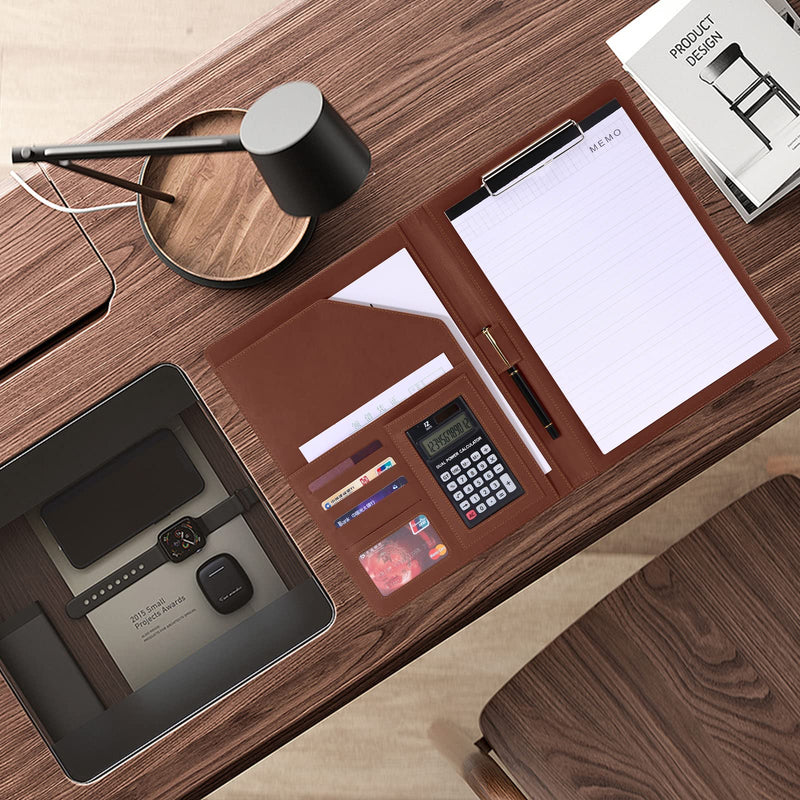 [Australia - AusPower] - Handsome Leather Business Portfolio Folder,Resume Folder-Interview/Legal Document Organizer & Business Card Holder - with Letter Writing Pad,A4 Binder & Office Conference Notepad Clip Boards, Brown 