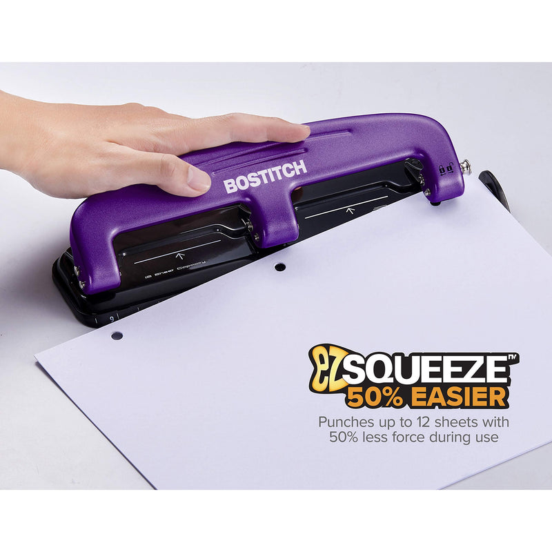 [Australia - AusPower] - Bostitch Office EZ Squeeze Reduced Effort 3-Hole Punch, 12 Sheets, Purple,black , 1.6" x 3" x 11" 