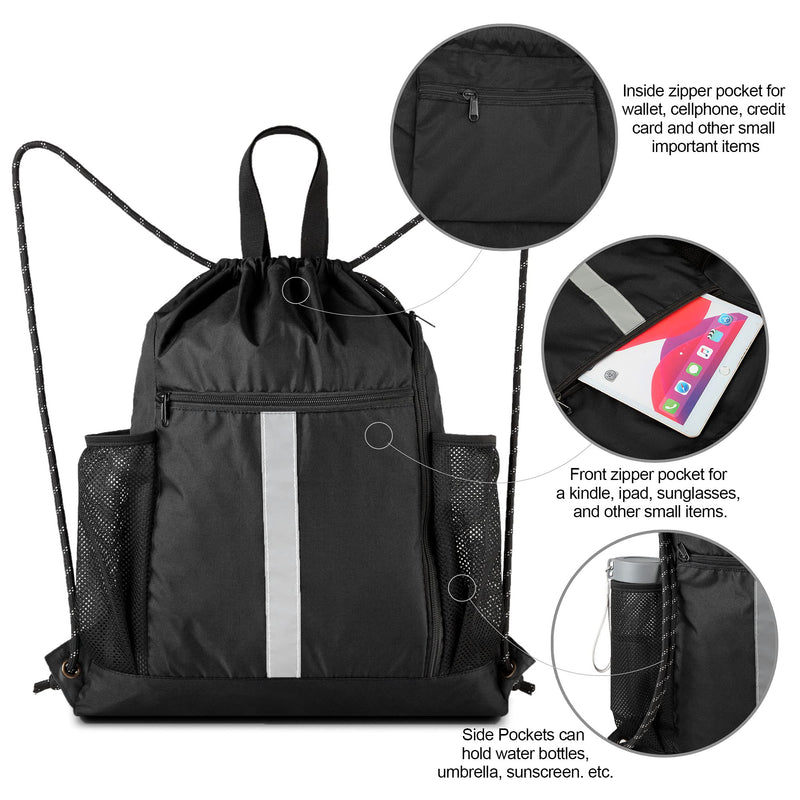[Australia - AusPower] - Drawstring Backpack Sports Gym Bag With Shoe Compartment and Two Water Bottle Holder Black 16" x 19.5" 