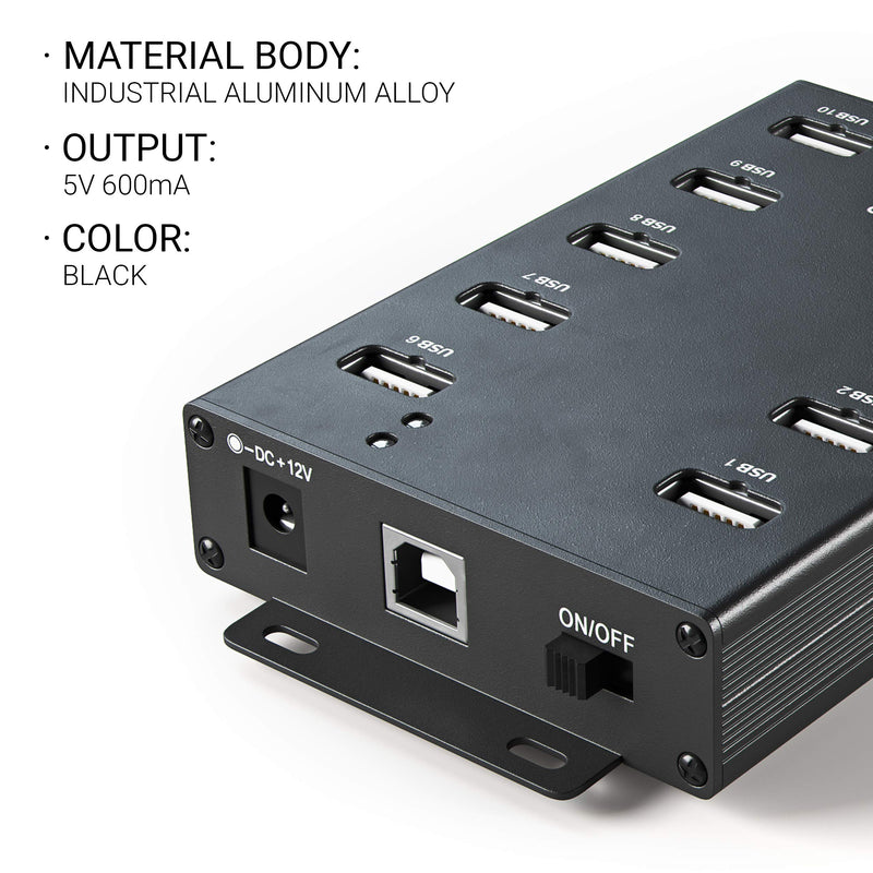 [Australia - AusPower] - BrovSS: 10 Ports USB 2.0 Powered Hub - USB Extension Splitter with 12V 5A 60W Power Adapter. Connect up to 10 Electronics and USB peripherals. (Black) 10 port (12V/5A) 