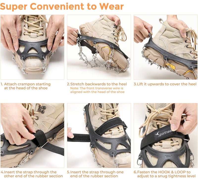 [Australia - AusPower] - Sportneer Ice Cleats, Ice Snow Grips, 19 Spikes Stainless Steel Anti-Slip Climbing Crampons for Shoes Boots, Safe Protect for Walking, Mountaineering, Climbing, Hiking on Snow Black Medium 