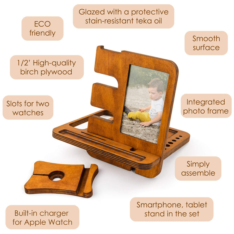 [Australia - AusPower] - Ukraine Handmade Wooden Docking Station Nightstand Organizer for Men Phone Tablet Watch Holder Charging Anniversary for Men's Fathers for Him for Husband from Wife Present for Dad 