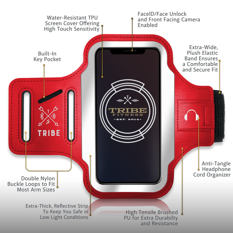[Australia - AusPower] - TRIBE Running Phone Holder Armband. iPhone & Galaxy Cell Phone Sports Arm Bands for Women, Men, Runners, Jogging, Walking, Exercise & Gym Workout. Fits All Smartphones. Adjustable Strap, CC/Key Pocket S: iPhone Mini/8/7/6/5/4/3/SE/Galaxy Mini Red 