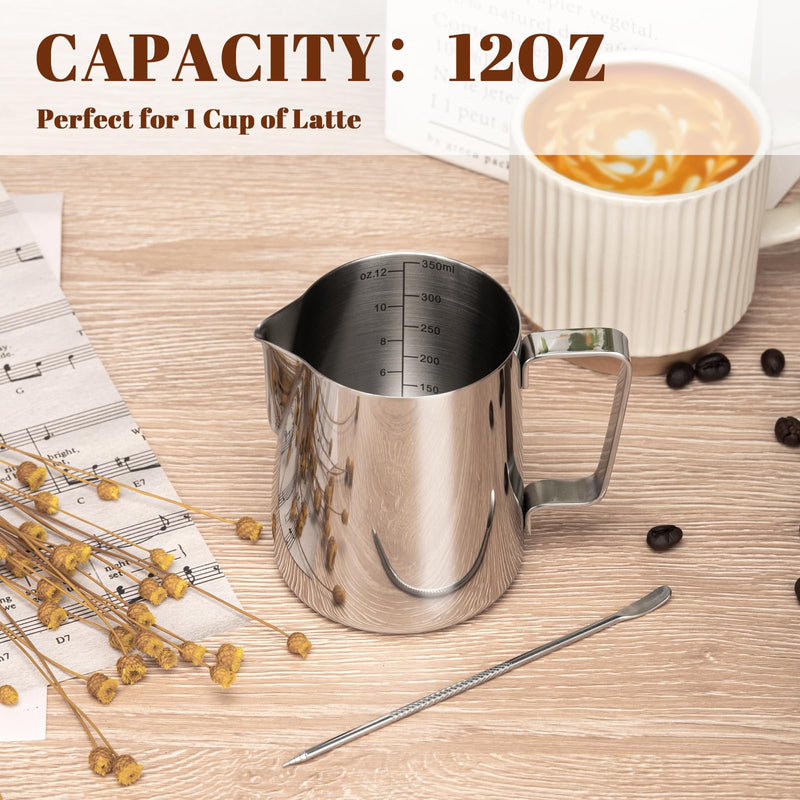 [Australia - AusPower] - Amrules Milk Frothing Pitcher, 12oz Milk Frother Cup with Clear Scale, 304 Stainless Steel Cappuccino Espresso Machine Accessories for Barista Coffee Bar with Latte Art Pen, Silver 12 oz 