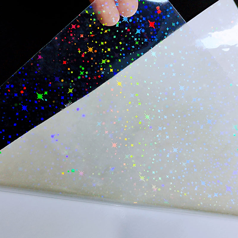 [Australia - AusPower] - Bleidruck 25 Sheets Stars Holographic Clear Vinyl Cold Laminated Film Holographic Overlay 8.25x11.7 Inches Adhesive Vinyl for Stickers 