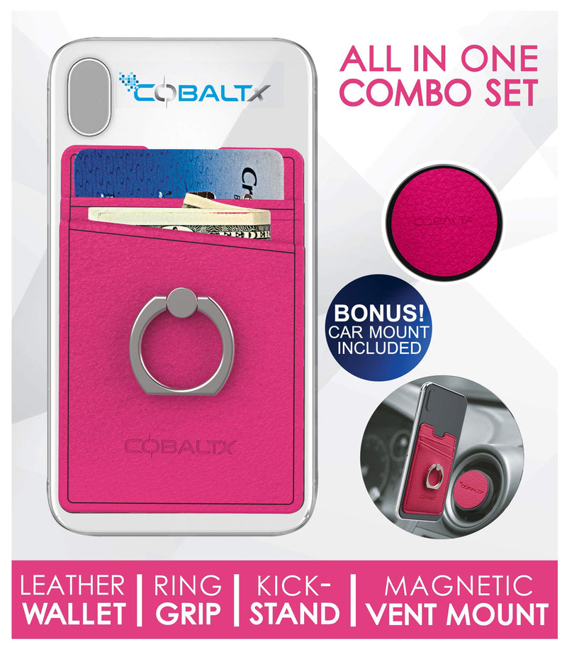 [Australia - AusPower] - COBALTX Leather Cell Phone Ring Wallet Adhesive and Matching Magnetic car Vent Mount Card Holder Back of Phone All in one Combo Wallet Ring Grip Kick Stand Phone Wallet Stick on with Ring (Hot Pink) Hot Pink 