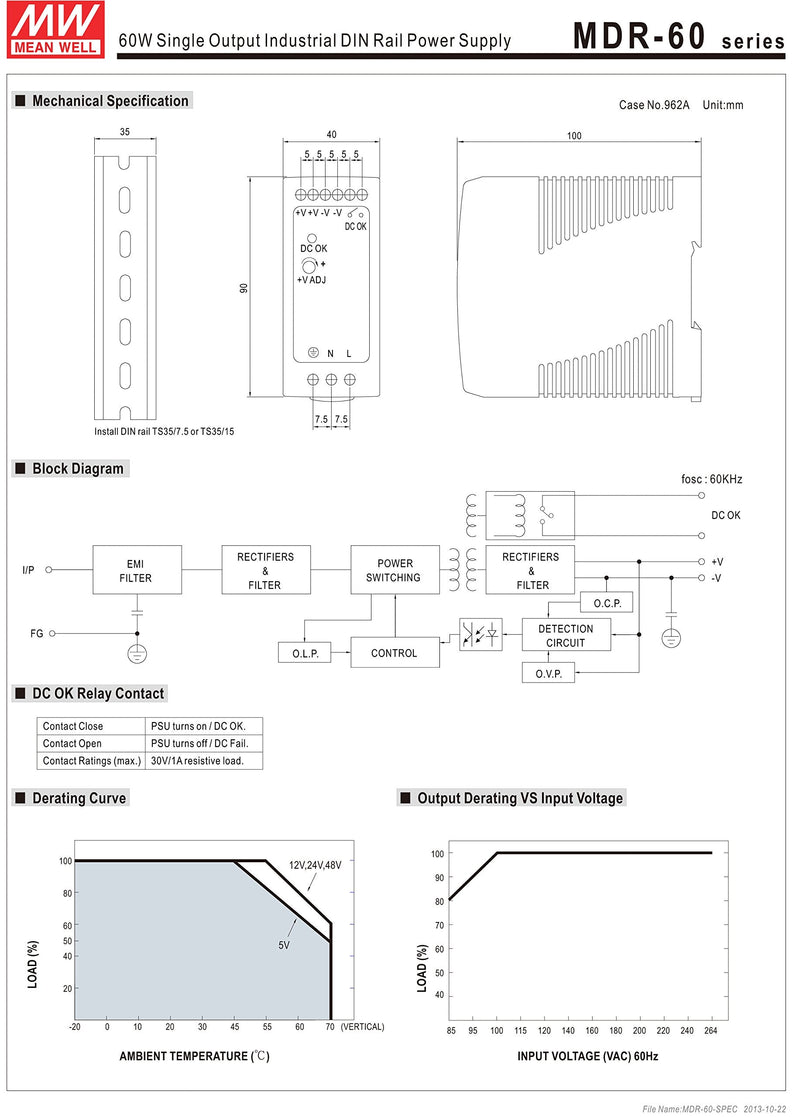 [Australia - AusPower] - [PowerNex] Mean Well MDR-60-24 24V 2.5A 60W Single Output Industrial DIN Rail Power Supply 