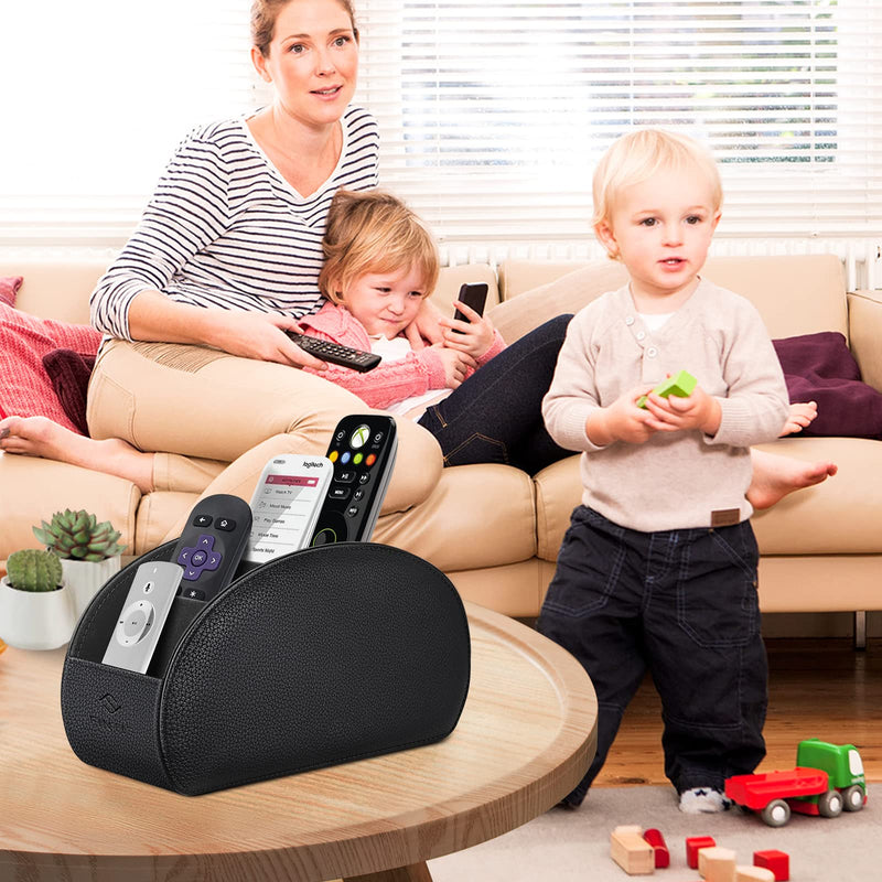 [Australia - AusPower] - Fintie Remote Control Holder, Vegan Leather TV Remote Caddy Desktop Organizer 5 Compartments Fits TV Remotes, Media Controllers, Office Supplies, Makeup Brush, Black 