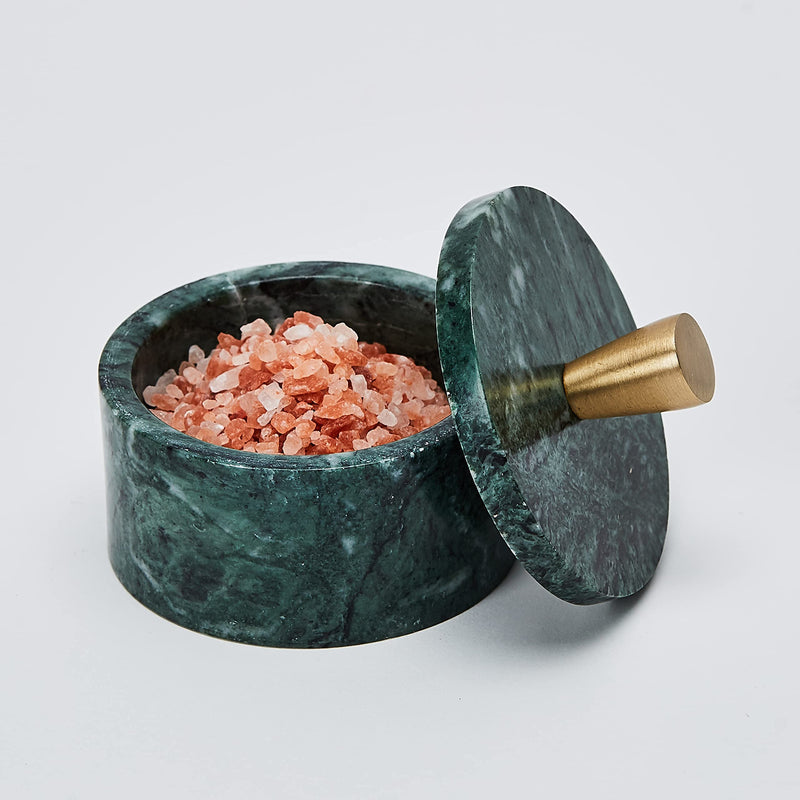 [Australia - AusPower] - Queenza Salt Cellar with Lid - Green Marble Salt Cellar with Premium Brass Knob - 3 Inch Salt Container for Kosher Salt Storage - Easy To Pinch Pots For Salt And Pepper - Marble Box Of Spices 