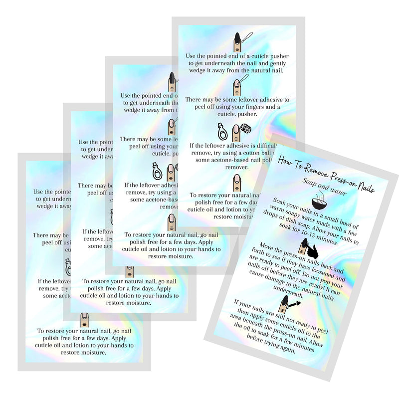[Australia - AusPower] - Press-On Nail Removal Instructions Cards | 50 Pack | 2x3.5" inch Business Card Size | DIY Press-On Nail Kit | Soap & Water Removal Non-Reflective Matte Rainbow Holographic Look Design 