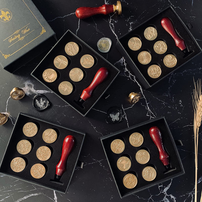 [Australia - AusPower] - Wax Seal Stamp Gift Box Set, 6 Pcs Blessing Series Sealing Wax Stamps Copper Seals 1 Wooden Hilt, Wax Stamp Kit for Cards Envelopes, Gift Packaging (Phrases Series) Phrases Series 