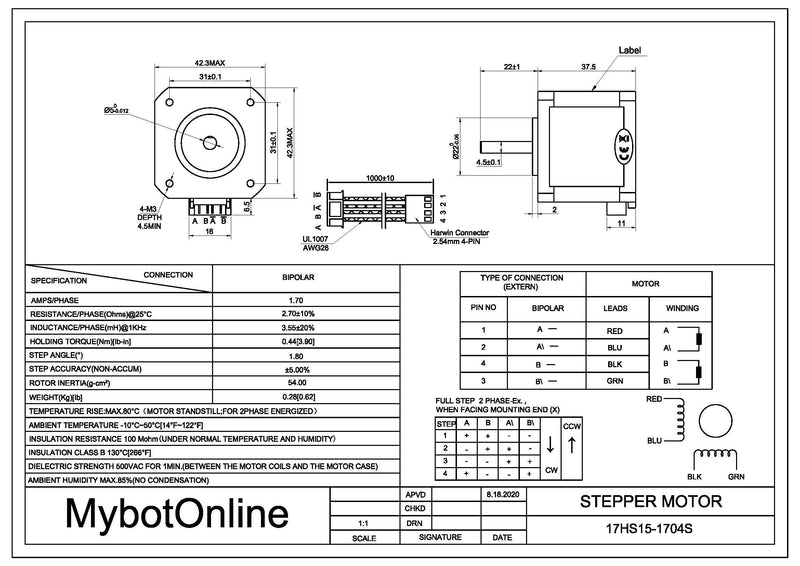 [Australia - AusPower] - MybotOnline Nema 17 Stepper Motor Full D-cut Shaft 62oz-in 1.7A Bipolar 38mm 1.8deg 4-lead for 3D Printer CNC Reprap 