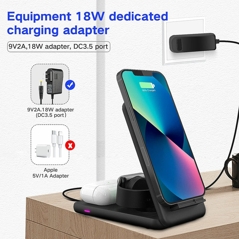 [Australia - AusPower] - Foldable Wireless Charger, 18W 3 in 1 Fast Wireless Charging Station for iPhone 13/12/11 Series/XR/X/Xs/XS Max/8/8 Plus, Charging Stand/Dock for iWatch, AirPods Pro/2(Black) Pearl Black 
