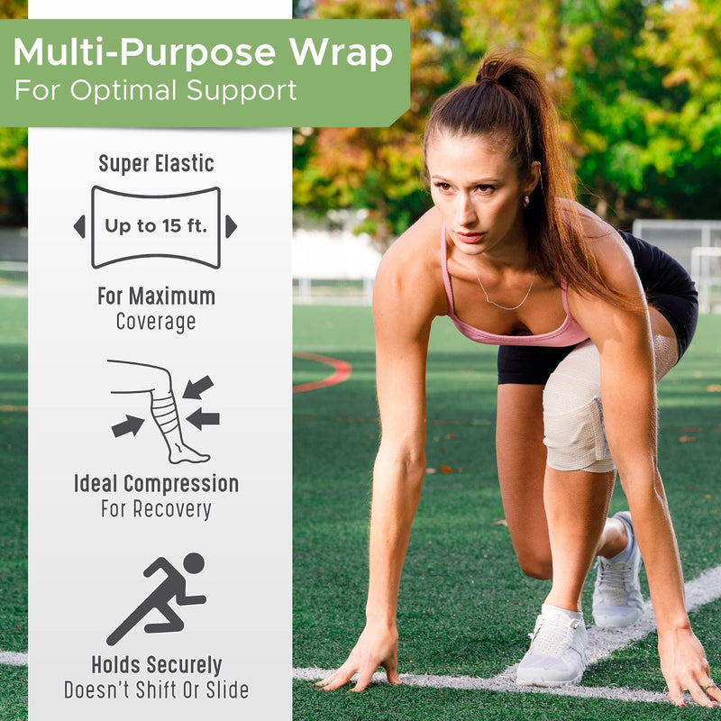 [Australia - AusPower] - Premium Elastic Bandage Wrap Made of USA Grown Organic Cotton - Set of Two 4 inch & Two 3 inch GT Wraps - Hook & Loop Fasteners at Both Ends - Hypoallergenic Compression Roll for Sprains & Injuries Beige Double Hook & Loop 