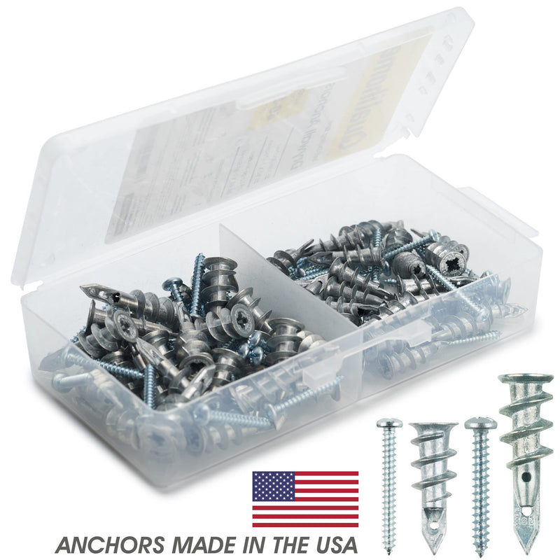 [Australia - AusPower] - Zinc Self Drilling Drywall Anchors and Screws Kit | Includes 25 Small Drywall Anchors, 25#6 1-1/4 Inch Screws, 25 Large Anchors, 25#8 X 1-¼” Screws & Reusable Case | Anchors are Made in The USA 