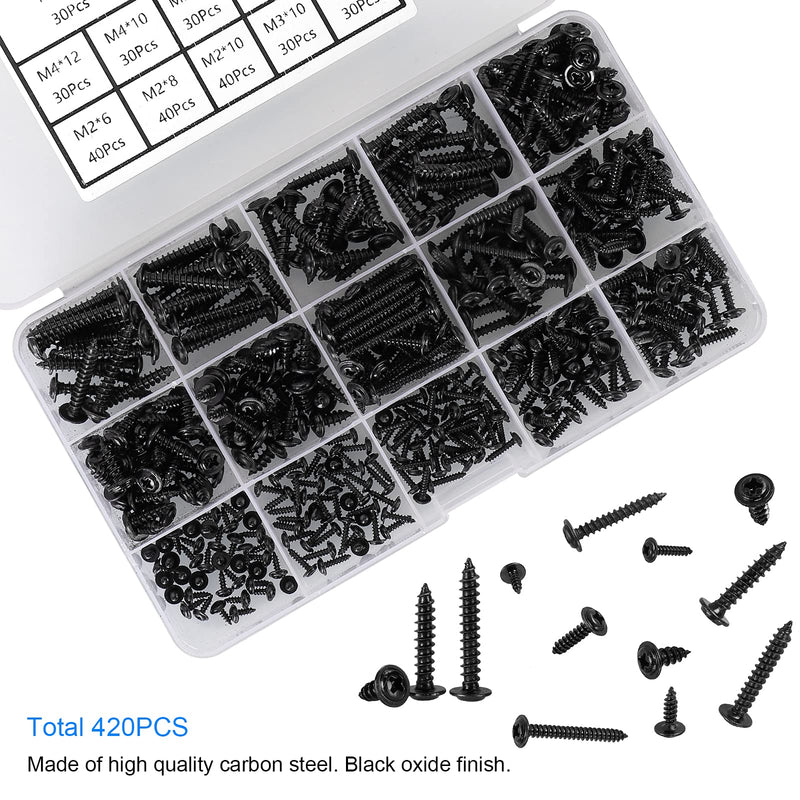 [Australia - AusPower] - HanTof 420pcs M2 M3 M4 Phillips Truss Head Self-Tapping Screws,Wafer Head Screws, Pan Head with Washer Wood Screws,13 Sizes Self Tapping Screws Assortment Kit,Black Carbon Steel Black 