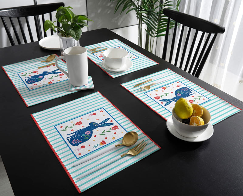 [Australia - AusPower] - Happy Easter Day Placemats - Set of 6, Easter Bunny Table Mats for Easter Decorations, Easter Floral Rabbits Placemats for Spring Party / Kitchen Dining Table (Blue Aqua Striped, Spring Flowers ) 6 Pieces 