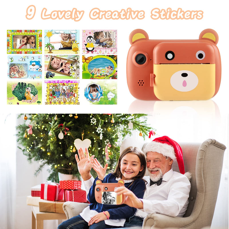 [Australia - AusPower] - HYPERY Instant Print Camera for Kids - Selfie Kids Camera for Girls, 1080P Video Digital Kids Camera with Cartoon Pattern Design - Toys Gifts for 3-12 Years Old Girls Boys Children (Brown) Brown 
