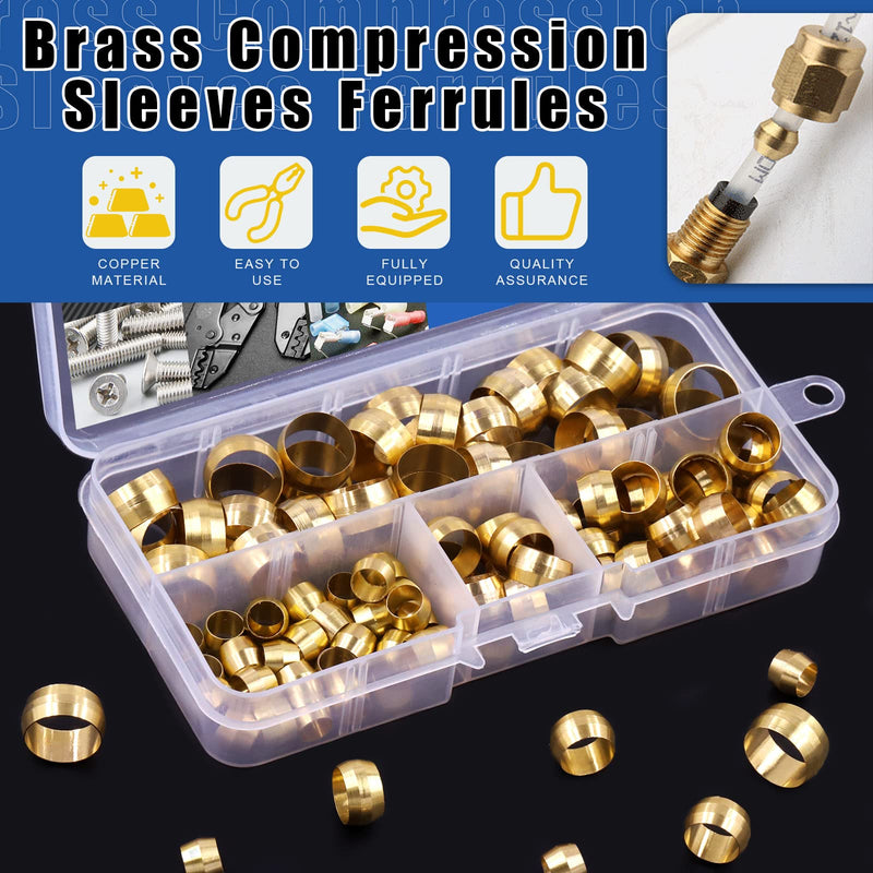 [Australia - AusPower] - Glarks 105Pcs Tube OD 1/4" 3/8" 1/2" Brass Compression Sleeves Ferrules, 3 Size Brass Compression Fitting Assortment Kit 