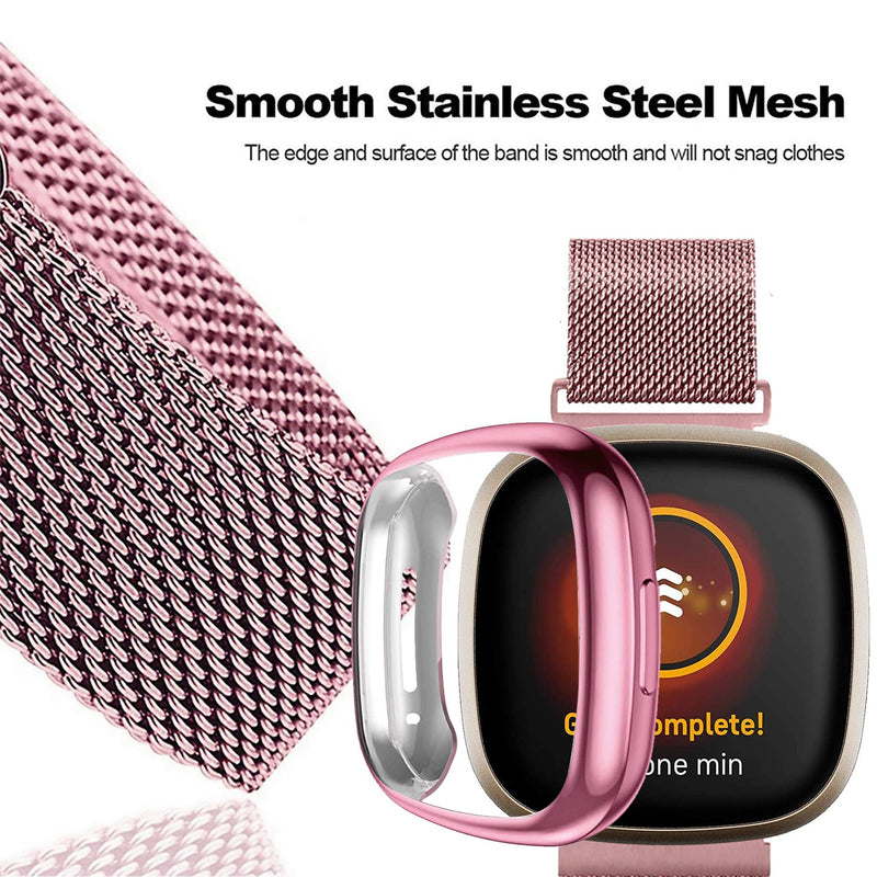 [Australia - AusPower] - Compatible for Fitbit Versa 3 Watch Bands with [2 Pack] Case, Mesh Loop Replacement Bracelet Strap + Soft TPU Bumper Screen Protector Cover for Versa 3/Sense (Rose Pink) Rose Pink 