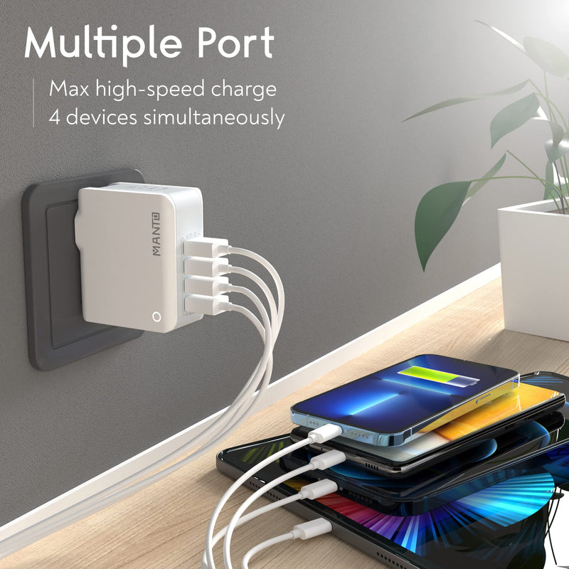 [Australia - AusPower] - Multiple USB Wall Charger, MANTO 4.4A/22W 4 Port USB Travel Power Adapter, All in One Worldwide Cell Phone Charger Plug for iPhone 13 Pro/13 Mini/13 Pro Max/12/11/XR/SE/8, Samsung, LG, HTC and More 