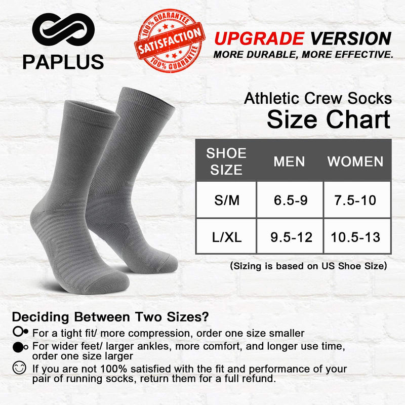 [Australia - AusPower] - PAPLUS Compression Athletic Crew Socks (6 Pairs) for Men & Women Black/White/Gray (2 Pairs Per Each Color) Large-X-Large 
