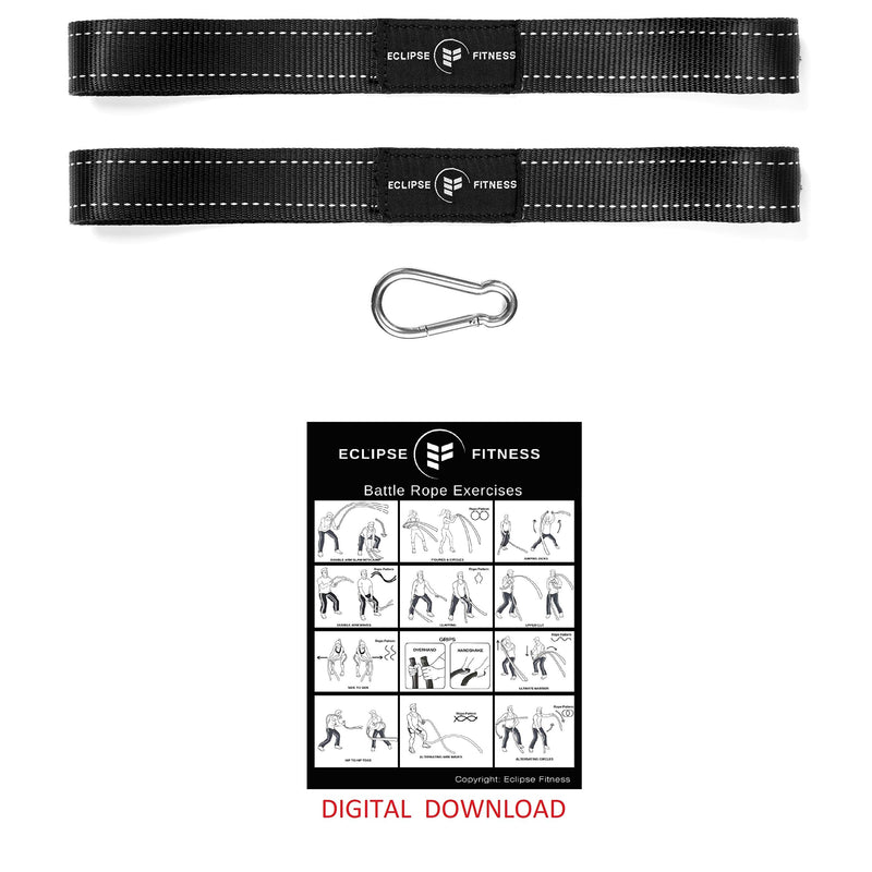 [Australia - AusPower] - Battle Rope Anchor Strap Kit | Heavy Duty Reinforced Nylon | Easy and Fast Setup | Stops Rope Damage | Stainless Steel Carabiner | Includes Exercise Guide | Black with White Stripe 