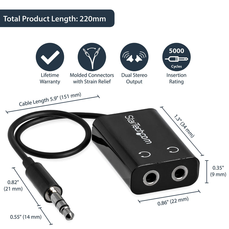 [Australia - AusPower] - StarTech.com Black Slim Mini Jack Headphone Splitter Cable Adapter - 3.5mm Audio Mini Stereo Y Splitter - 3.5mm Male to 2x 3.5mm Female (MUY1MFFADP) 