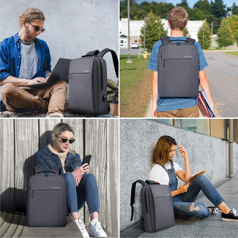 [Australia - AusPower] - Laptop Backpack 15.6 Inch, Business Slim Durable Laptops Travel Backpacks with USB Charging Port, College School Computer Bag Gifts for Men and Women Fits Notebook (Grey) Grey 