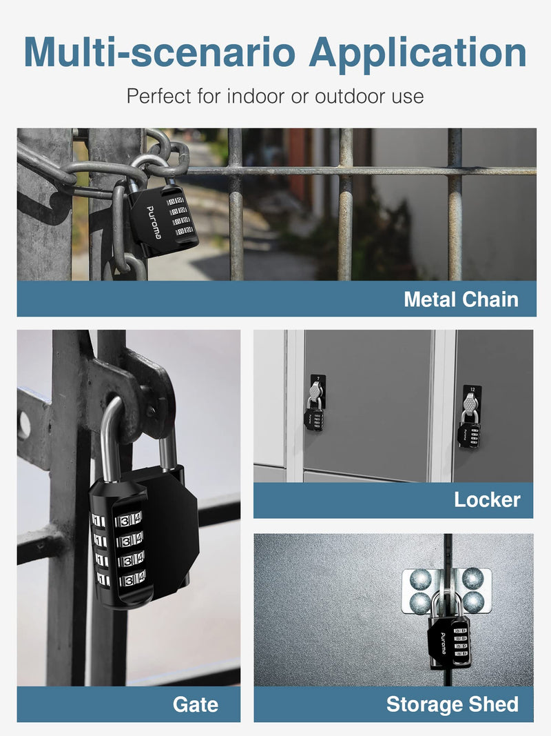 [Australia - AusPower] - Puroma 2 Pack Combination Lock 4 Digit Outdoor Waterproof Padlock for School Gym Locker, Sports Locker, Fence, Toolbox, Gate, Case, Hasp Storage (Black) Black 