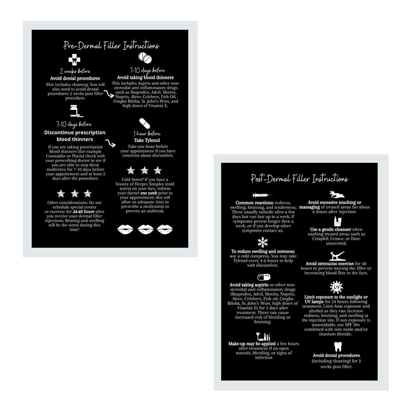 [Australia - AusPower] - Dermal Filler Pre and Post Injection Care Instructions Card | 30 Pack | 5x7” inches large Post Card Size | Dermal Filler Injections Black with White Icons Design 
