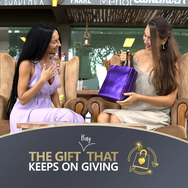 [Australia - AusPower] - 12 Purple Gift Bags Set, Non-woven Reusable Shiny Purple Small Gift Bags With Glossy Finish - Ideal As Birthday Bag, Favor Bags, Goodie bags for Wedding, Party, Christmas -8x4x10 Small- Medium Size Purple - Medium Size 