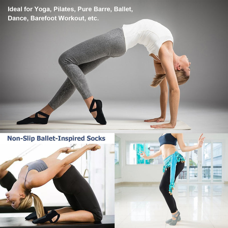 [Australia - AusPower] - Ozaiic Yoga Socks for Women Non-Slip Grips & Straps, Ideal for Pilates, Pure Barre, Ballet, Dance, Barefoot Workout 2p- Black/Gray 