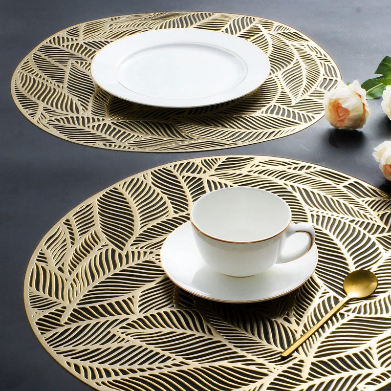 [Australia - AusPower] - Mabbcoo Placemats Set of 6, Round Leaf Place Mats for Dining Table Hollowed-Out Pressed Vinyl Table Mats for Holiday Party Wedding Accent Centerpiece Dinner Table Decoration (Gold) Leaf Round Gold 