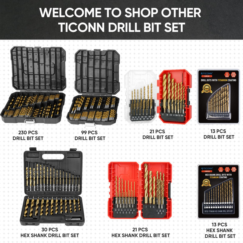 [Australia - AusPower] - TICONN 13 PCS Titanium Coated Drill Bit Set with Hex Shank, 135 Degree Tip High Speed Steel Drill Bits Kit with Storage Case for Steel, Aluminum, Copper, Soft Alloy Steel, Wood Size from 1/16" to 1/2" Hex Shank-13 