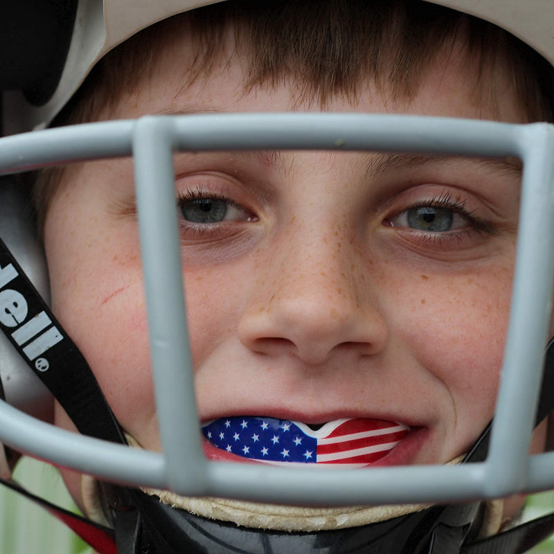 [Australia - AusPower] - Oral Mart Sports Youth Mouth Guard for Kids (USA Flag & Vampire Fangs & 15 Colors) - Youth Mouthguard (BPA Free) MMA, Karate, Flag Football, Martial Arts, Rugby, Boxing, BJJ, Hockey (/w Vented Case) Youth (Age 12 & Below) American Flag 