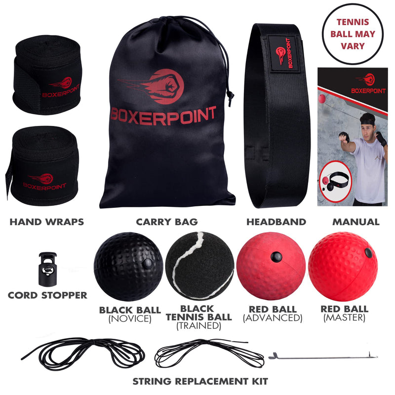 [Australia - AusPower] - BOXERPOINT Boxing Reflex Ball for Adults and Kids - React Reflex Balls on String with Headband, Carry Bag and Hand Wraps - Improve Hand Eye Coordination, Punching Speed, Fight Reaction 4 Difficulty Level Balls 