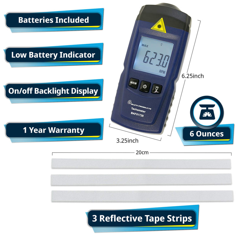 [Australia - AusPower] - BAFX Products Handheld Infrared Light Non Contact Digital RPM Tachometer Meter to Measure Rotational Speeds 