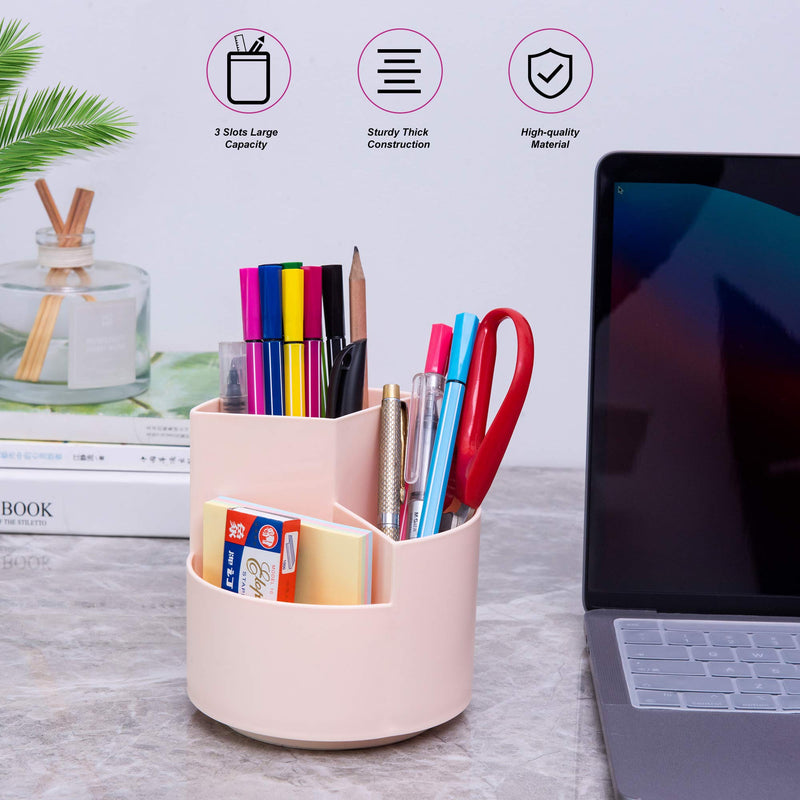[Australia - AusPower] - Siveit Rotating Pen Holder, 3 Slots 360-Degree Spinning Pencil Pen Desktop Organizer Cute Pencil Cup Pot for Home, Office, Kids (Peach Pink) 
